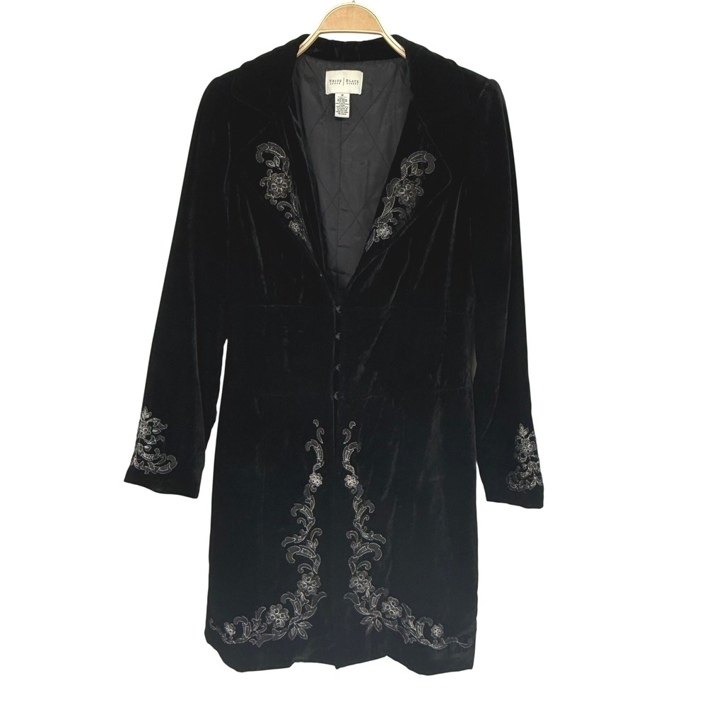 White House Black Market Velvet Embroidered Coat Women M Black Longline Jacket